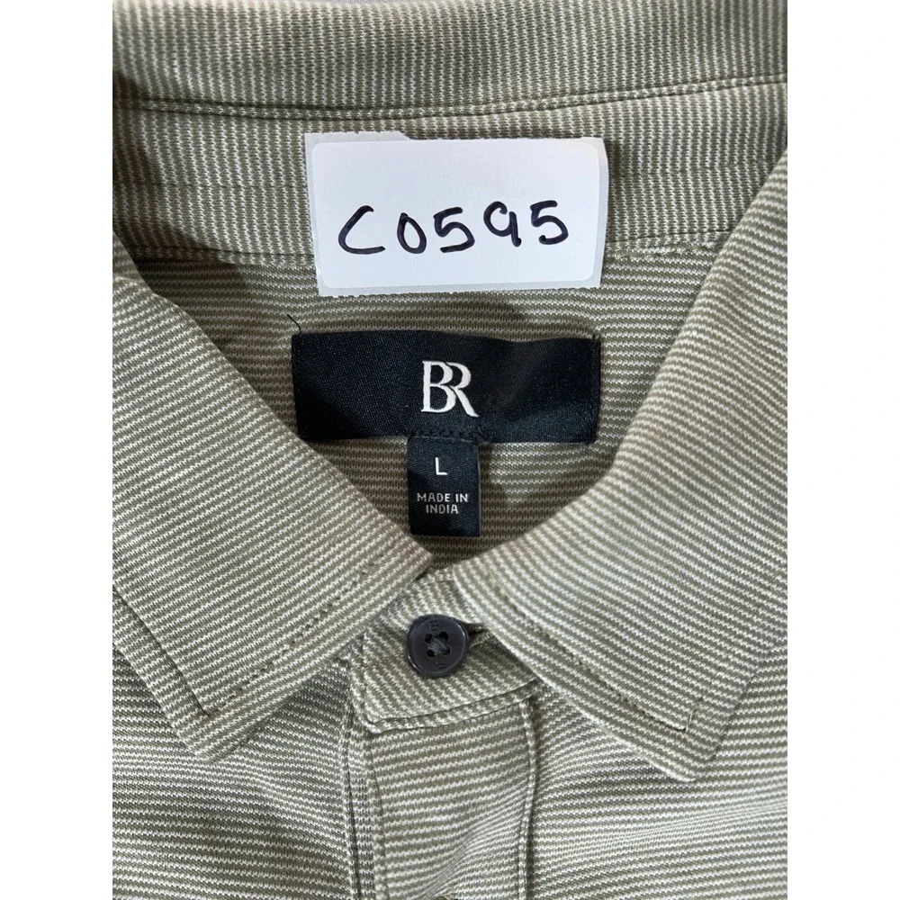 Banana Republic Mens Large Polo Shirt Sage Green Micro Stripe 100% Cotton